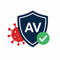 image for AV with the meaning 'anti-virus' showing a shield blocking a virus