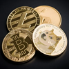 image for DOGE as cryptocurrency, showing silhouettes crypto coins