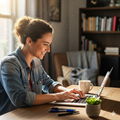 image for Grinding, showing a happy woman working at a laptop