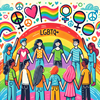 image for LGBTQ+ depicting a group of people holding hands in a circle, with a vibrant rainbow background