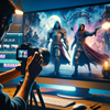 image for Machinima, showing a director using a camera to film two characters from a video game