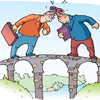 image for opps, showing two people with horns on a bridge
