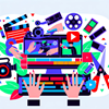 image for VC, showing elements such as a video camera, film reel, clapperboard, and editing tools