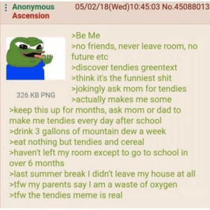 4chan greentext showing a person being rewarded with tendies (chicken tenders.)